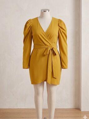Fashion Nova Mustard Wrap Mini Dress with Puff Sleeves